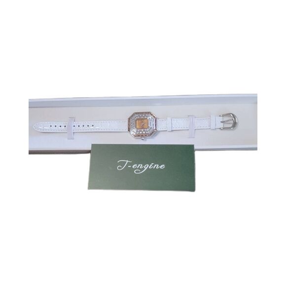 BNIB~Women's T-Engine Brown Crystal Sapphire Glass White Leather Strap Watch - Picture 4 of 6